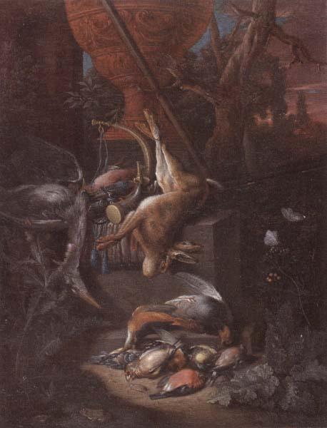 Pieter Gijsels A game still life of a hung hare,a brace of birds,a shotgun,hunting horn,and other objects,all arranged on a stone plinth and set in a landscape oil painting picture